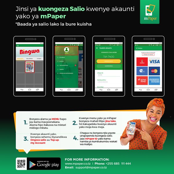 Tangazo na muonekano wa zamani wa app ya m-paper, kuanzia sasa huduma nyingine za malipo kwa njia ya simu zinaondolewa. Inabakia m-pesa